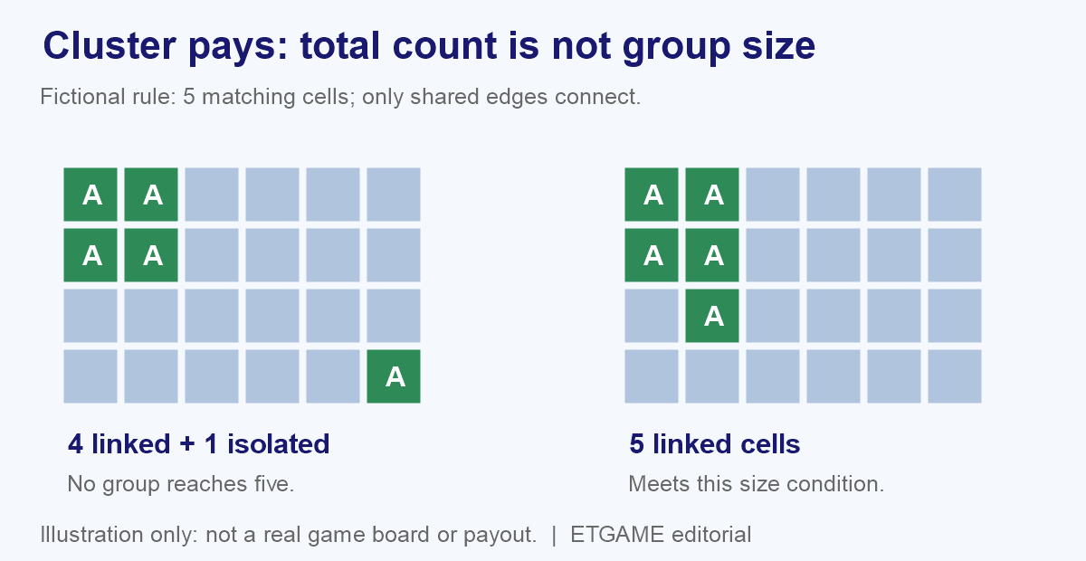 Cluster pays example: four connected symbols plus one isolated versus five connected symbols